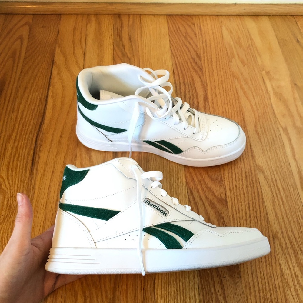 Reebok Hi top retro style white and green suede velvet sneakers
